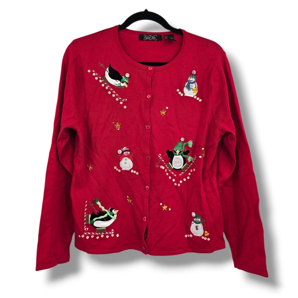 Crystal Kobe Red Christmas Cardigan Sweater Penguin Snowman Sequin Womens L